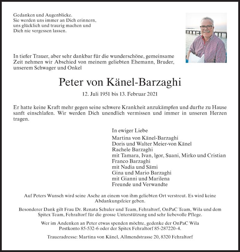  Traueranzeige für Peter von Känel-Barzaghi vom 17.02.2021 aus ZO solo