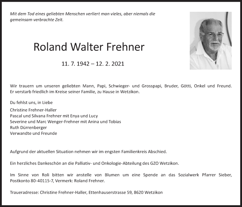  Traueranzeige für Roland Walter Frehner vom 17.02.2021 aus ZO solo
