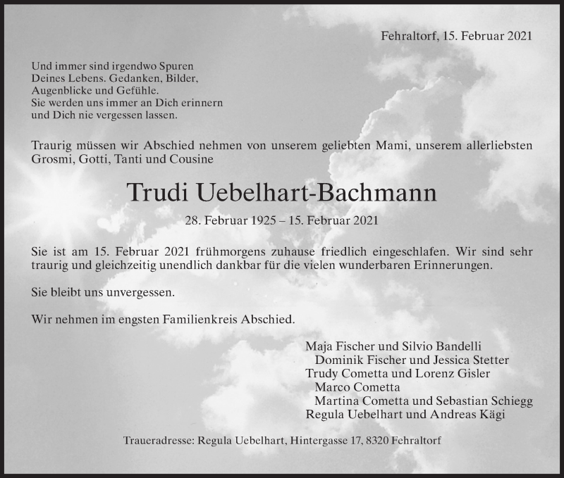  Traueranzeige für Trudi Uebelhart-Bachmann vom 19.02.2021 aus AvU