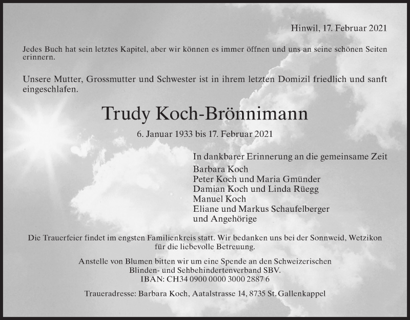  Traueranzeige für Trudy Koch-Brönnimann vom 24.02.2021 aus AvU