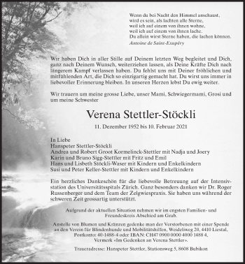 Traueranzeige von Verena Stettler-Stöckli von ZO solo