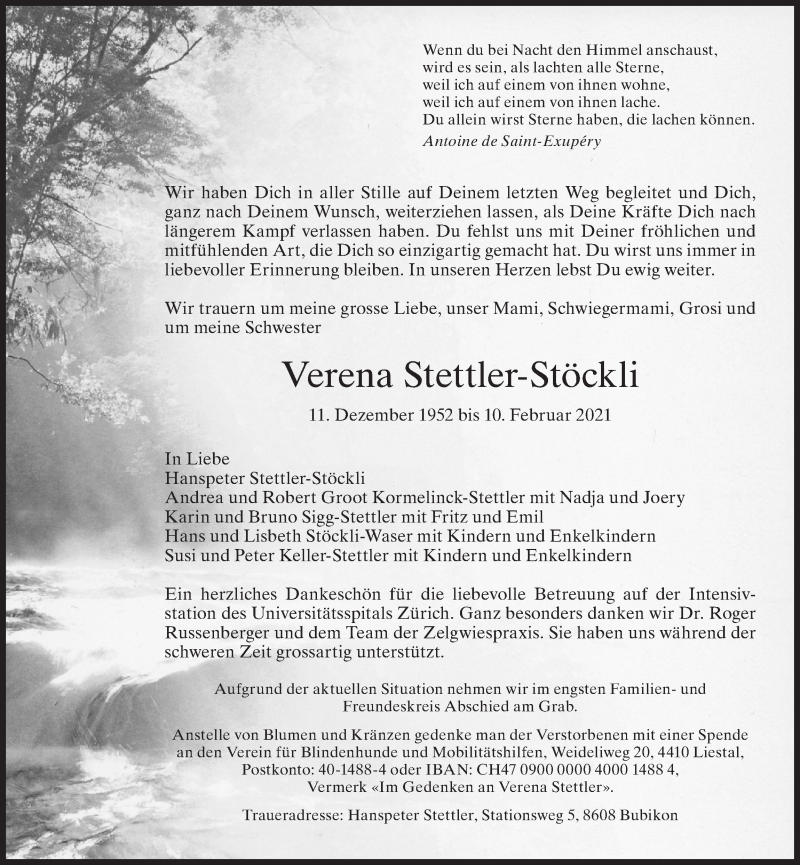 Traueranzeige für Verena Stettler-Stöckli vom 17.02.2021 aus ZO solo