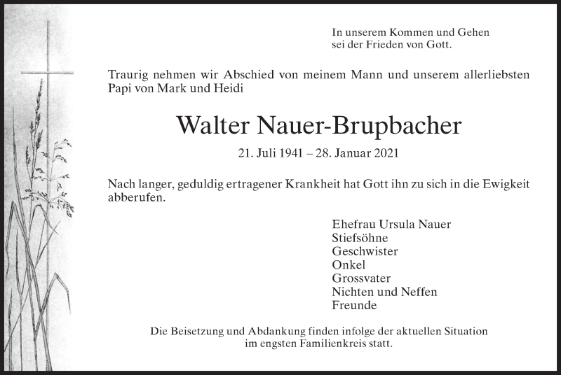  Traueranzeige für Walter Nauer-Brupbacher vom 05.02.2021 aus AvU