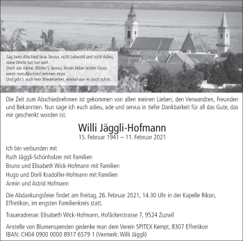 Traueranzeige von Willi Jäggli-Hofmann von AvU