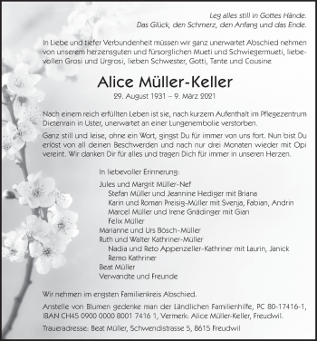 Traueranzeige von Alice Müller-Keller von AvU