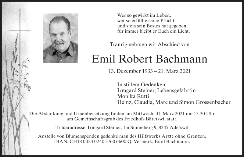  Traueranzeige für Emil Robert Bachmann vom 24.03.2021 aus AvU