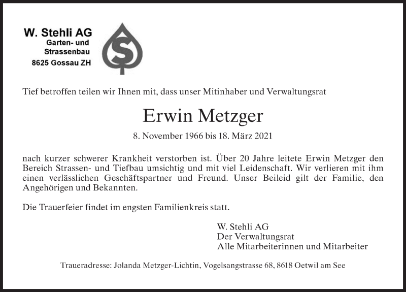  Traueranzeige für Erwin Metzger vom 24.03.2021 aus AvU