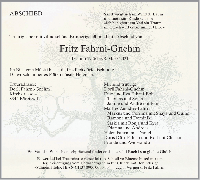  Traueranzeige für Fritz Fahrni Gnehm vom 17.03.2021 aus AvU