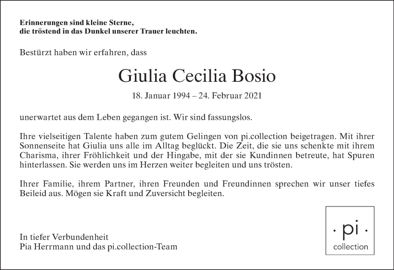  Traueranzeige für Giulia Cecilia Bosio vom 03.03.2021 aus ZO solo