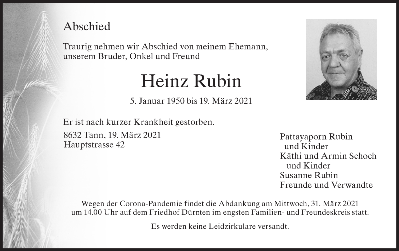  Traueranzeige für Heinz Rubin vom 26.03.2021 aus ZO solo