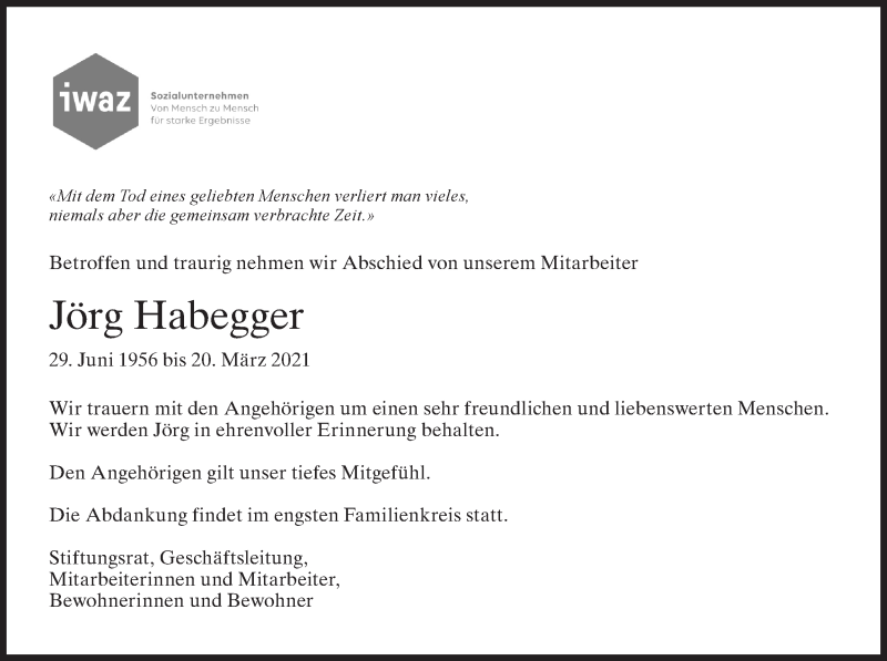  Traueranzeige für Jörg Habegger vom 24.03.2021 aus AvU