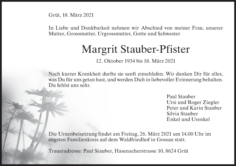  Traueranzeige für Margrit Stauber-Pfister vom 24.03.2021 aus AvU