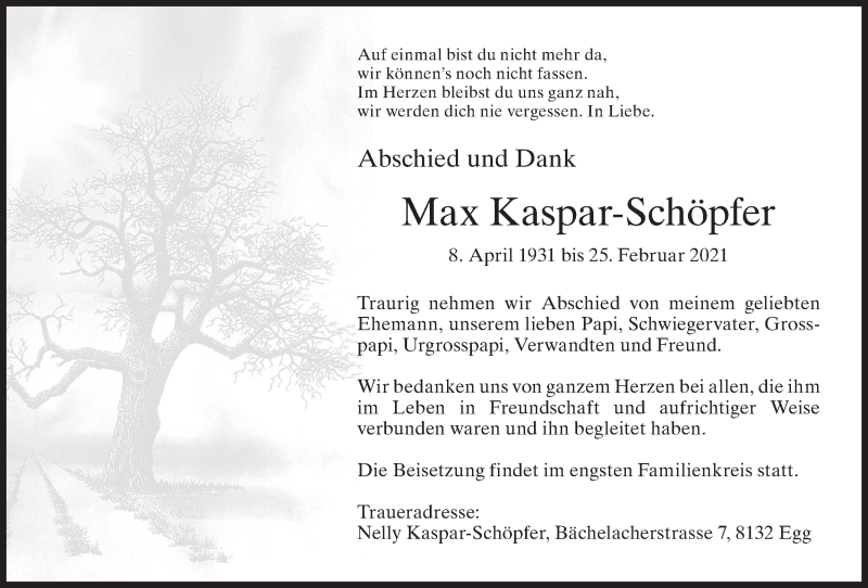  Traueranzeige für Max Kaspar-Schöpfer vom 10.03.2021 aus AvU