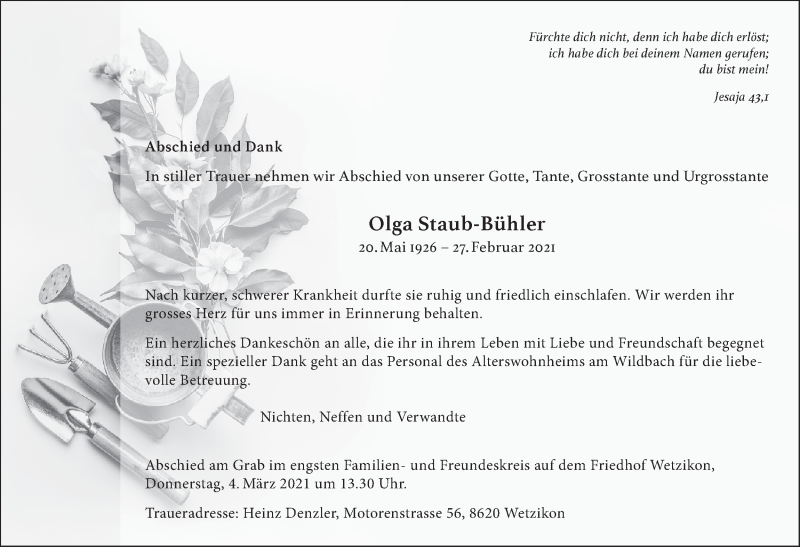  Traueranzeige für Olga Staub-Bühler vom 03.03.2021 aus AvU