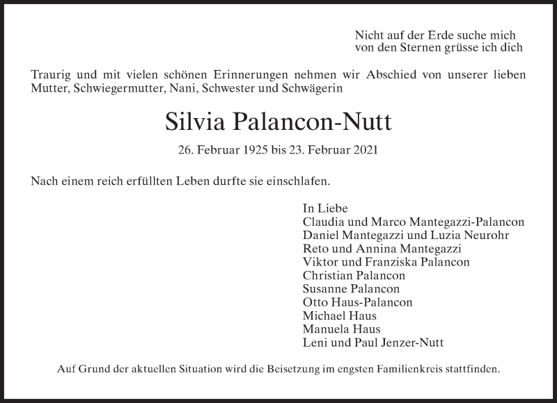  Traueranzeige für Silvia Palancon-Nutt vom 04.03.2021 aus AvU