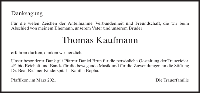  Traueranzeige für Thomas Kaufmann vom 17.03.2021 aus AvU