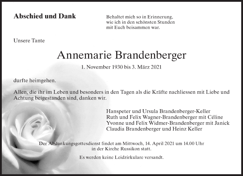  Traueranzeige für Annemarie Brandenberger vom 07.04.2021 aus AvU