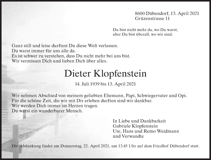  Traueranzeige für Dieter Klopfenstein vom 21.04.2021 aus AvU