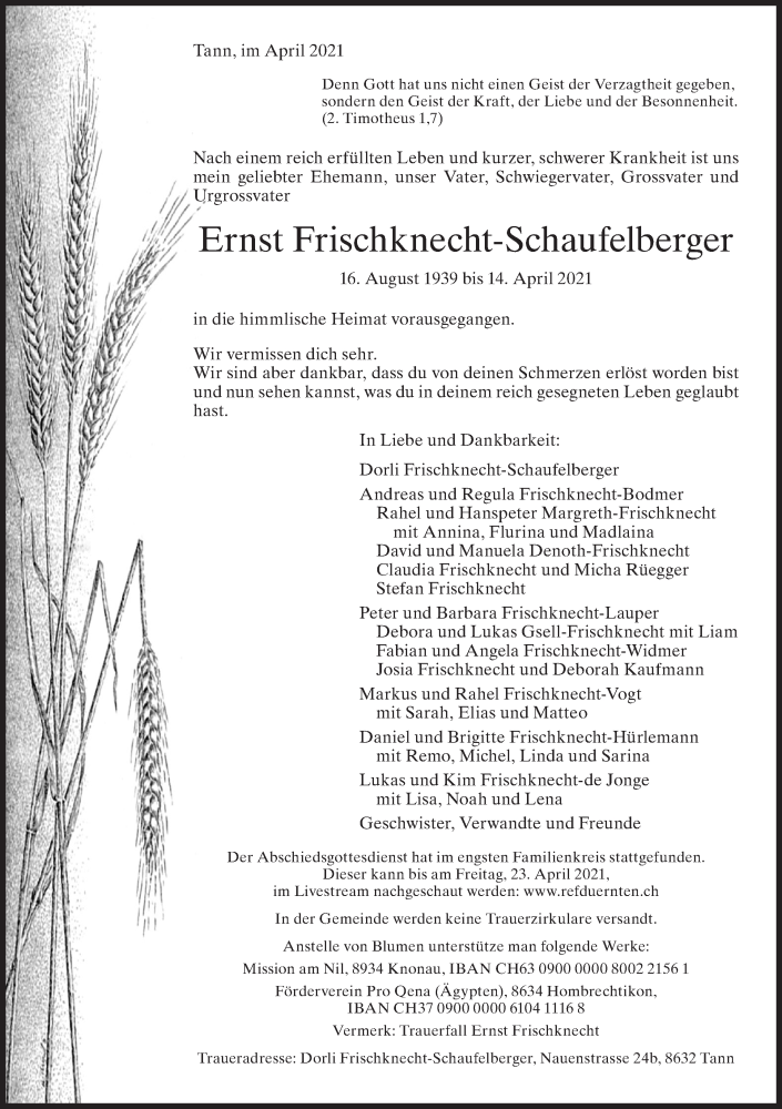  Traueranzeige für Ernst Frischknecht-Schaufelberger vom 21.04.2021 aus AvU