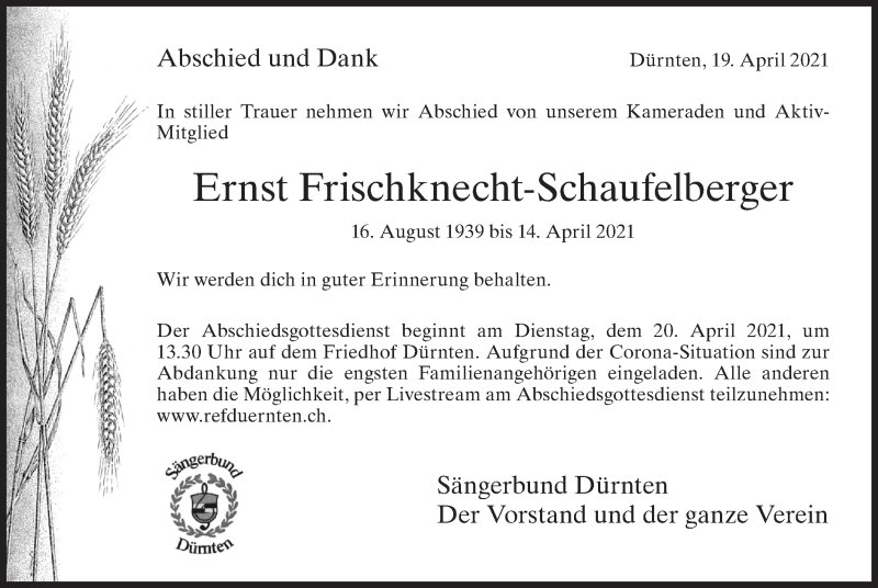  Traueranzeige für Ernst Frischknecht-Schaufelberger vom 20.04.2021 aus AvU