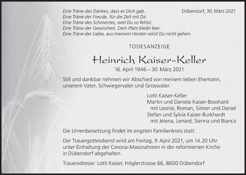  Traueranzeige für Heinrich Kaiser-Keller vom 07.04.2021 aus AvU