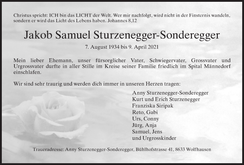  Traueranzeige für Jakob Samuel Sturzenegger-Sonderegger vom 14.04.2021 aus AvU