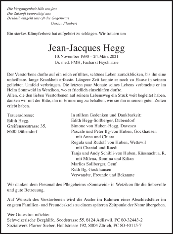 Traueranzeige von Jean-Jacques Hegg von VO solo