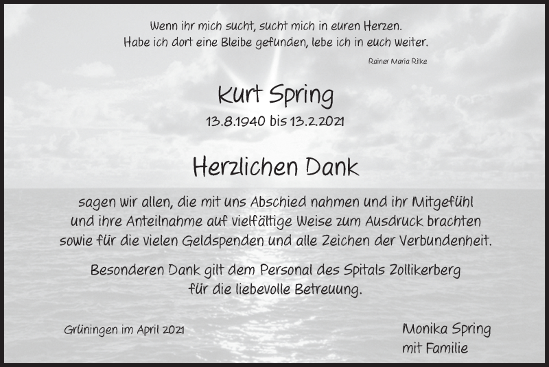  Traueranzeige für Kurt Spring vom 14.04.2021 aus AvU