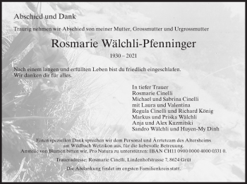 Traueranzeige von Rosmarie Wälchli-Pfenninger von AvU