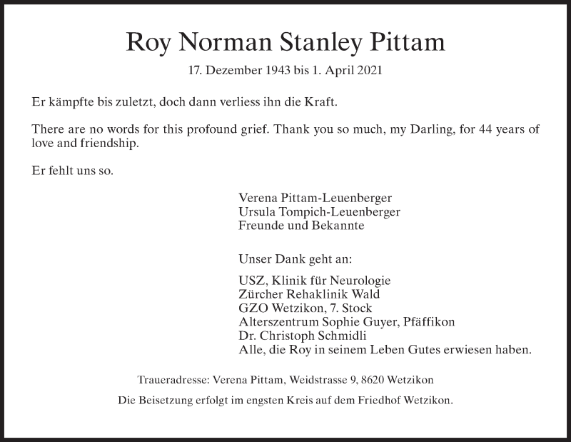  Traueranzeige für Roy Norman Stanley Pittam vom 09.04.2021 aus AvU