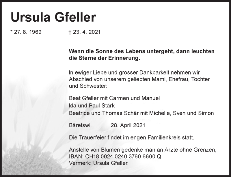  Traueranzeige für Ursula Gfeller vom 30.04.2021 aus AvU