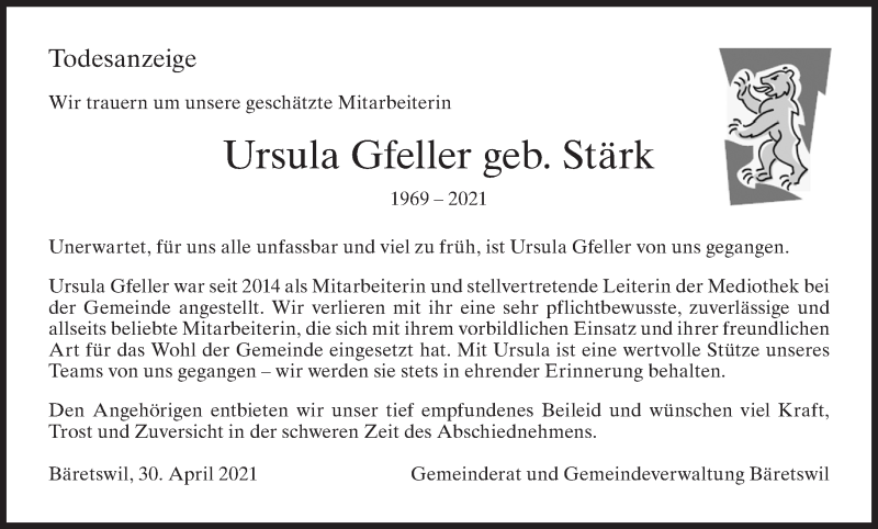  Traueranzeige für Ursula Gfeller vom 30.04.2021 aus AvU