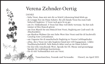 Traueranzeige von Verena Zehnder-Oertig von AvU