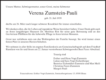 Traueranzeige von Verena Zumstein-Pauli von AvU