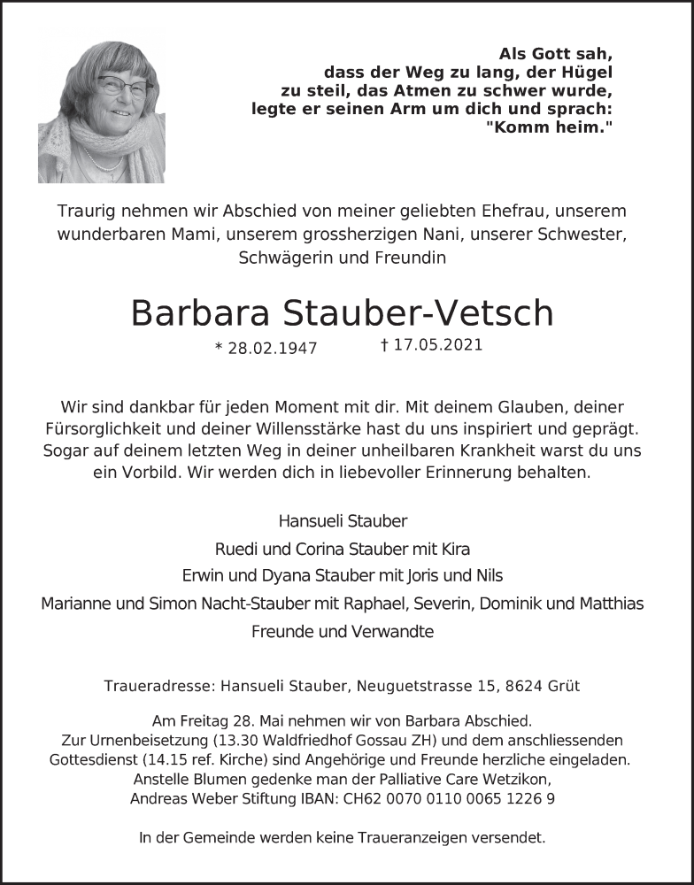  Traueranzeige für Barbara Stauber vom 19.05.2021 aus AVU