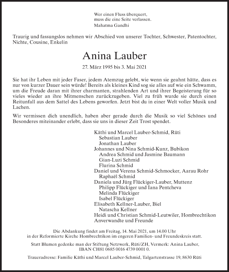  Traueranzeige für Anina Lauber vom 08.05.2021 aus ZO solo