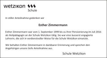 Traueranzeige von Esther Zimmermann von ZO solo