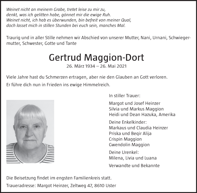  Traueranzeige für Gertrud Maggion-Dort vom 01.06.2021 aus AvU