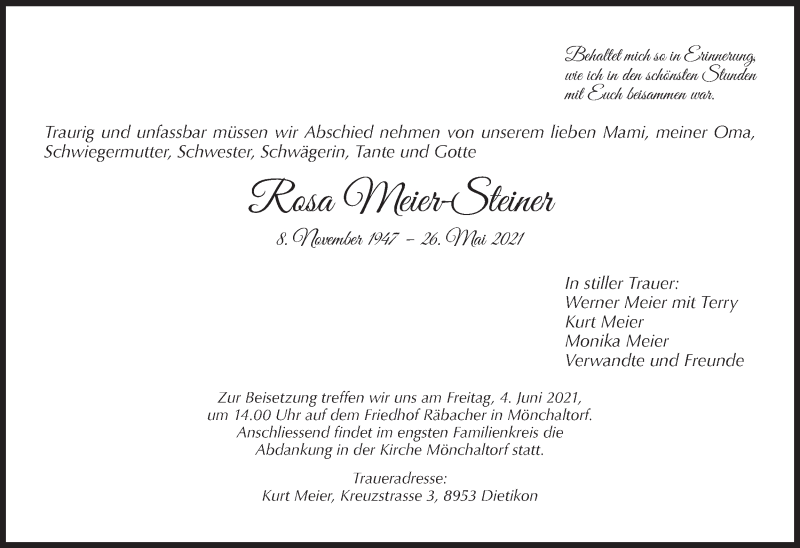 Traueranzeige für Rosa Meier-Steiner vom 01.06.2021 aus AvU