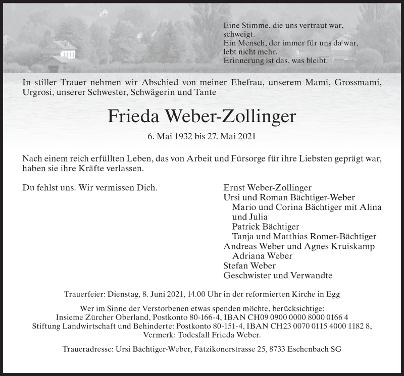  Traueranzeige für Frieda Weber-Zollinger vom 02.06.2021 aus AvU