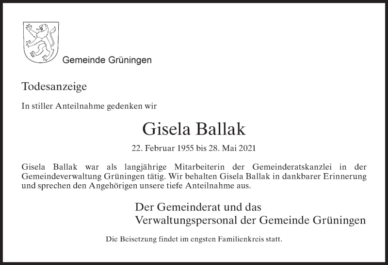  Traueranzeige für Gisela Ballak vom 04.06.2021 aus AvU
