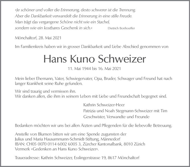  Traueranzeige für Hans Kuno Schweizer vom 02.06.2021 aus AvU