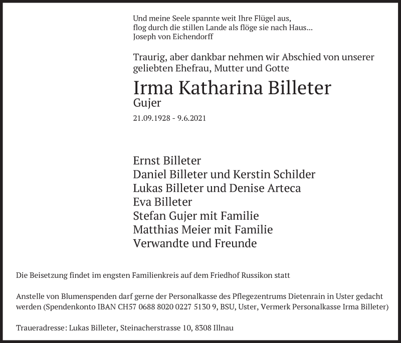 Traueranzeige für Irma Katharina Billeter vom 15.06.2021 aus AvU