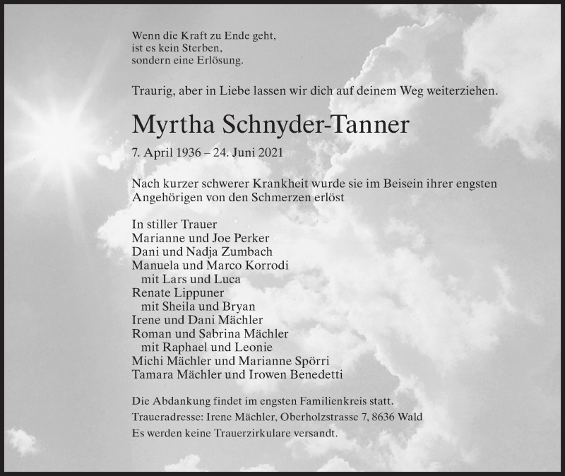 Traueranzeige für Myrtha Schnyder-Tanner vom 26.06.2021 aus AvU