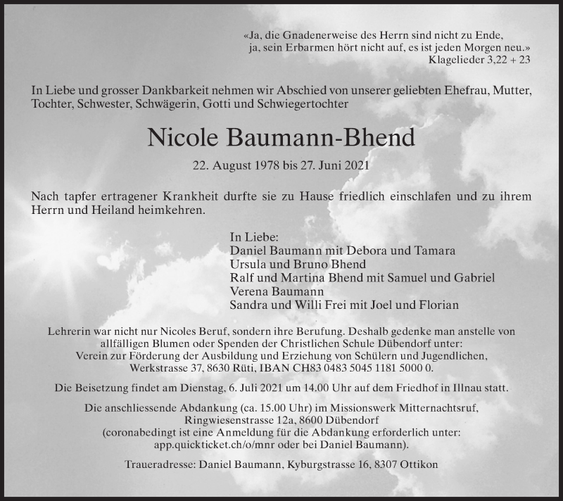  Traueranzeige für Nicole Baumann-Bhend vom 01.07.2021 aus reg_2