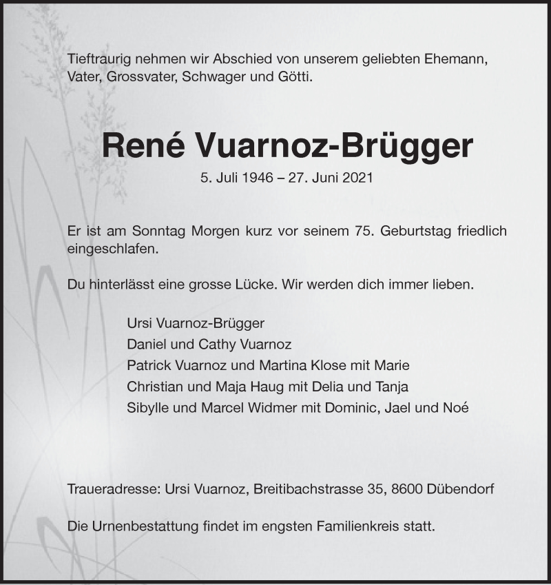  Traueranzeige für René Vuarnoz-Brügger vom 01.07.2021 aus AvU