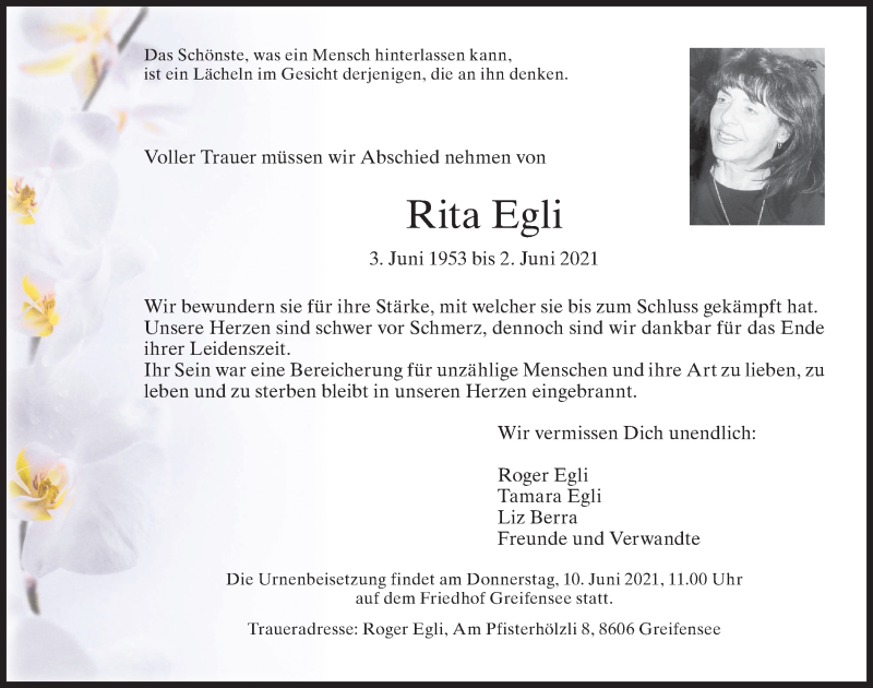  Traueranzeige für Rita Egli vom 05.06.2021 aus AvU