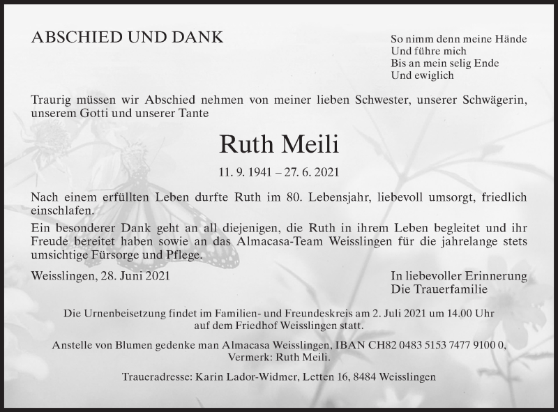  Traueranzeige für Ruth Meili vom 30.06.2021 aus AvU