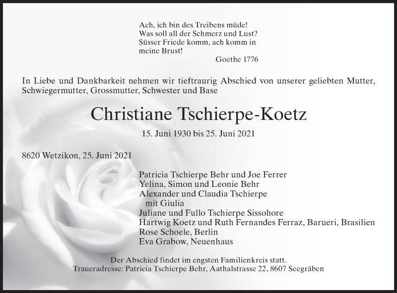  Traueranzeige für Christiane Tschierpe-Koetz vom 02.07.2021 aus AvU