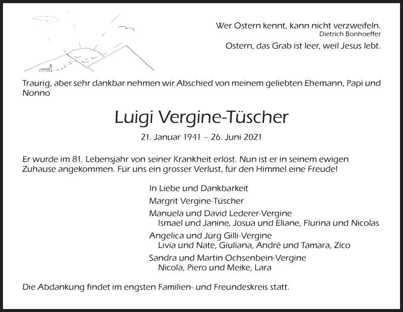  Traueranzeige für Luigi Vergine-Tüscher vom 02.07.2021 aus AvU